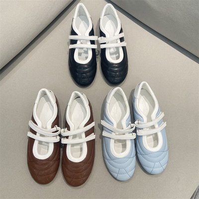 外贸单复古风双魔术贴休闲平底鞋芭蕾德训鞋拼色玛丽珍鞋单鞋女鞋