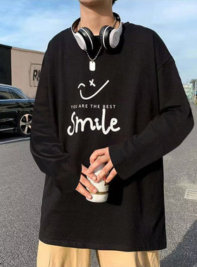 男装打底秋衣潮衫白色春秋季衣服恤搭长袖男内inst9.9上印花