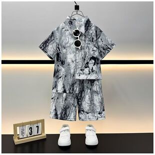 新款儿童衬衫套装夏装男童短袖休闲潮流薄款中大童国风水墨画套装
