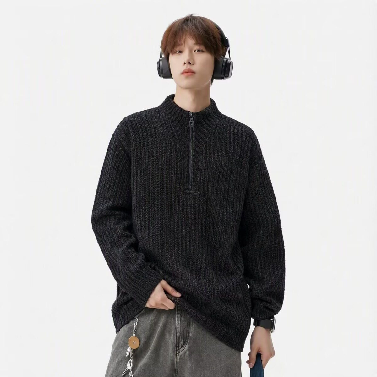 鱼骨纹半拉链卫衣男女夏季美式重磅情侣外套高街设计感运动套头衫