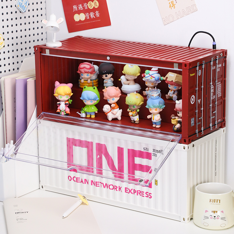 泡泡玛特集装箱展示盒带灯手办盲盒公仔潮玩摆件玩具收纳柜酒红色