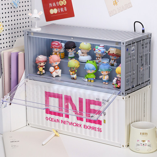 泡泡玛特集装箱收纳盒盲盒收纳寝室透明防尘手办盒子展示柜浅灰色