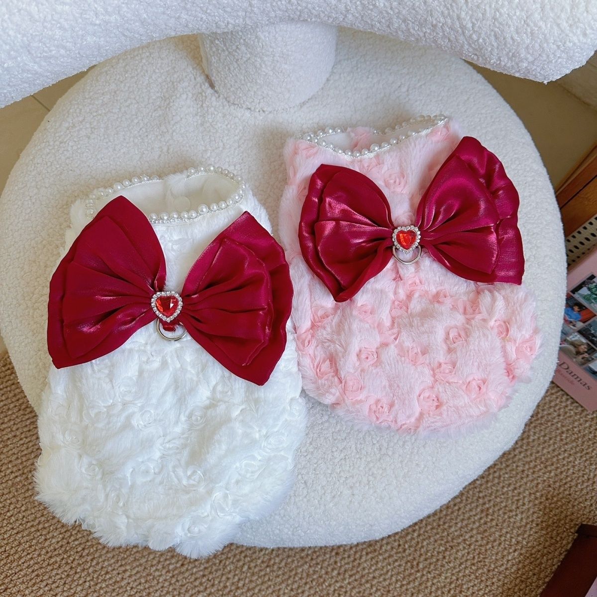 新款公主秋冬香风兔毛狗狗蝴蝶结猫咪宠物保暖泰迪比熊裙子衣服