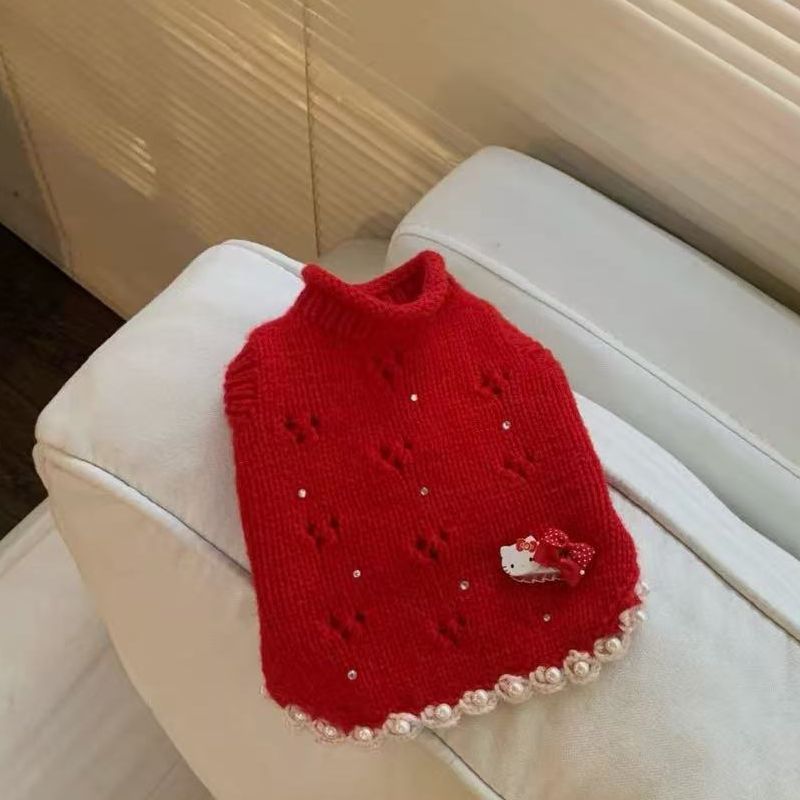 宠物新年手工针织貂绒红色宠物毛衣保暖比熊马尔济斯狗狗