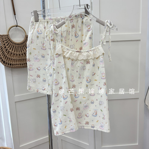 夏季纯棉卡通蕾丝女睡衣套装