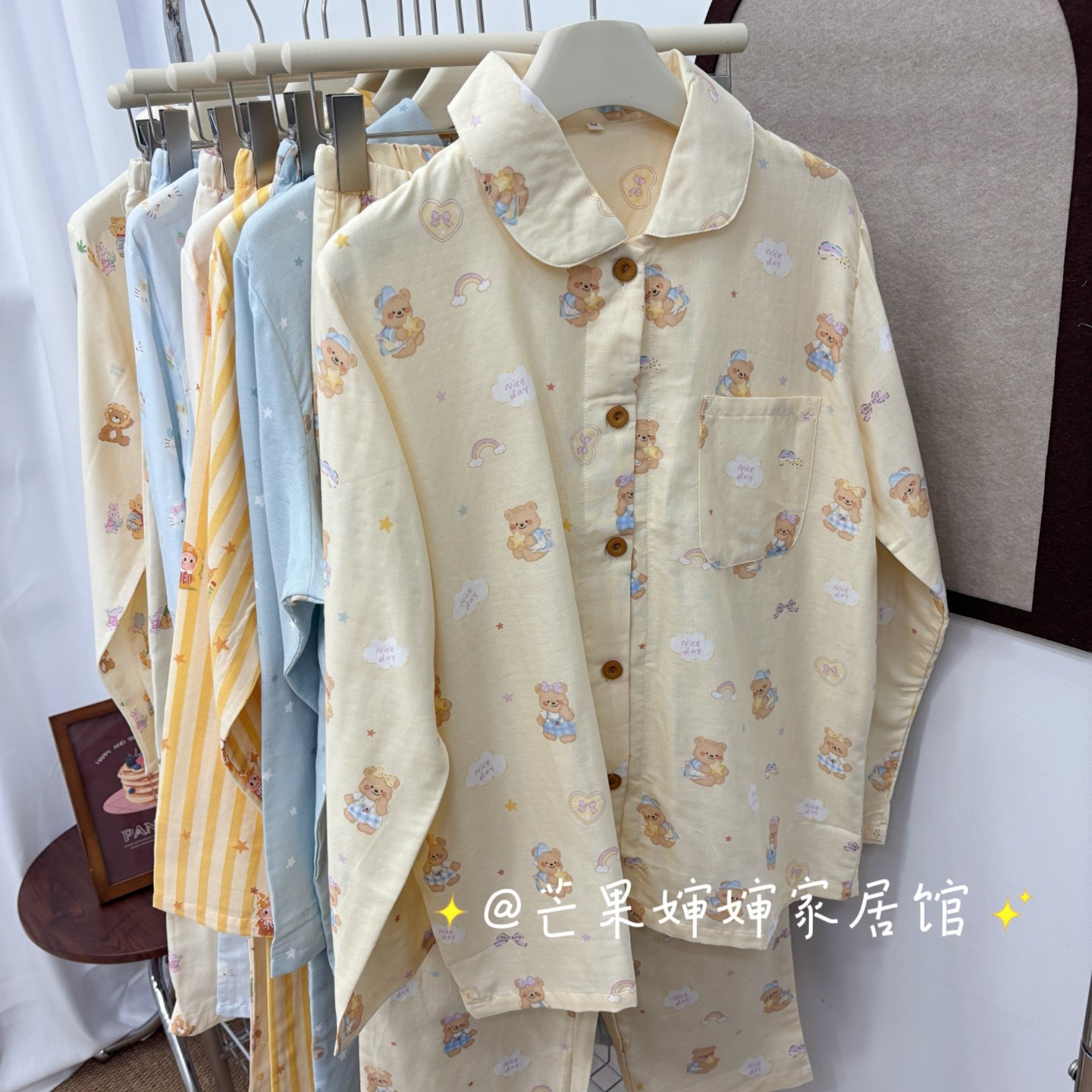 面料很舒服婴儿棉纱小翻领春夏卡通印花睡衣女长袖长裤家居服套装