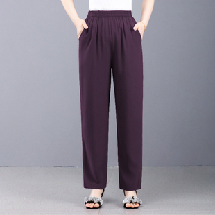 薄款 妈妈装 纯色棉绸裤 大码 休闲松紧外穿 子女士宽松高腰直筒裤 夏季