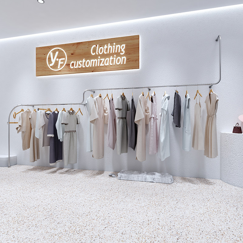 服装店挂衣杆创意新款不锈钢银色衣服架女装货架落地式上墙展示架