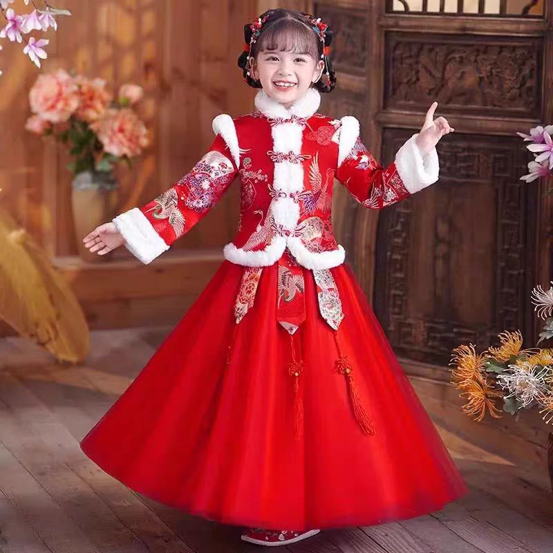 出租儿童汉服冬款女童古风拜年礼服冬装女孩国风冬季加绒唐装租赁