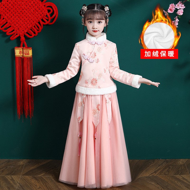 冬款女童古装出租儿童中国风唐装加绒连衣裙公主裙元旦文艺演出服