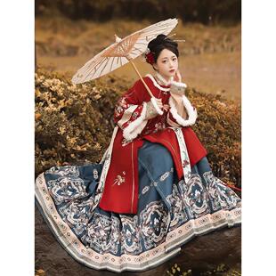 冬季汉服出租披袄保暖立领马面裙中式婚礼母亲装年会新年礼服租赁