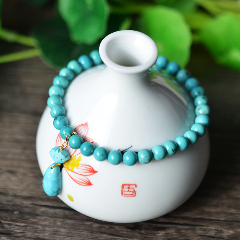 천연 원시 광물 높은 도자기 파란색 청록색 단일 원형 팔찌 5.8MM 물방울이 있는 작은 입자 단순하고 틈새 스타일