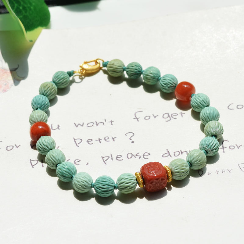 남부 붉은 손으로 짠 앤티크 스타일의 천연 크리스탈 광석 미디엄 도자기 매트 황록색 청록색 패션 씨앗 팔찌