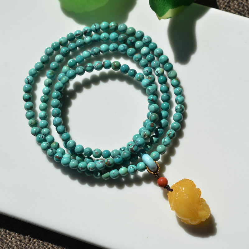 천연 크리스탈 원광석 청록색 메쉬 꽃 청록색 4원 팔찌 목걸이 밀랍 PIXIU 복고풍 남성과 여성