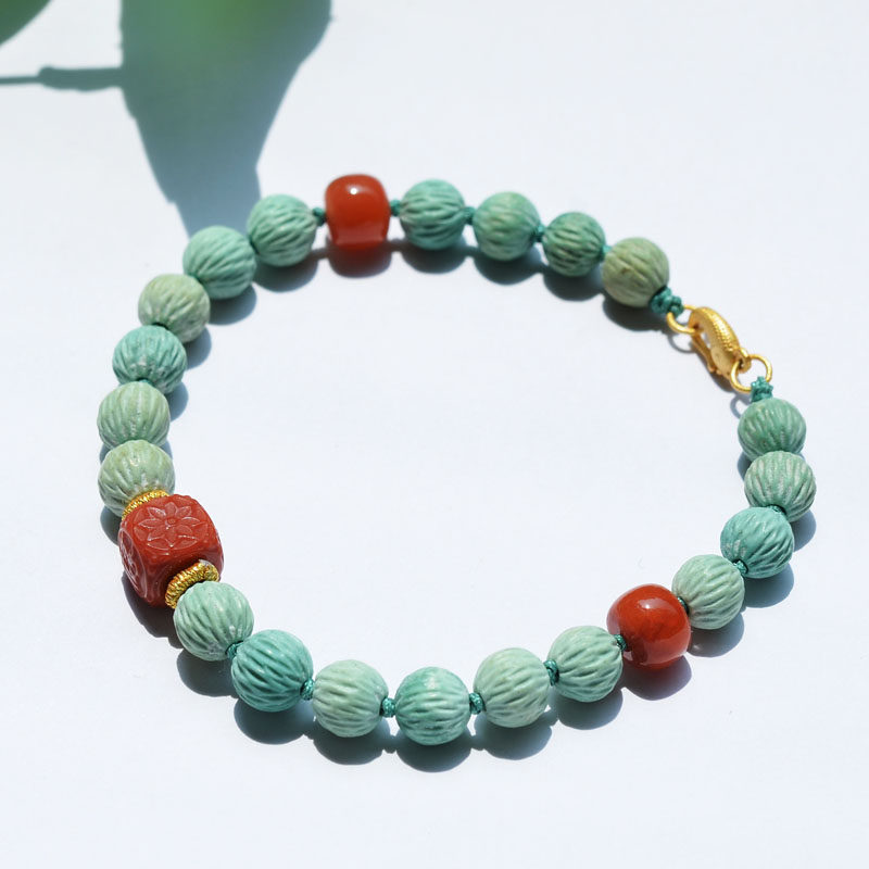 남부 붉은 손으로 짠 앤티크 스타일의 천연 크리스탈 광석 미디엄 도자기 매트 황록색 청록색 패션 씨앗 팔찌