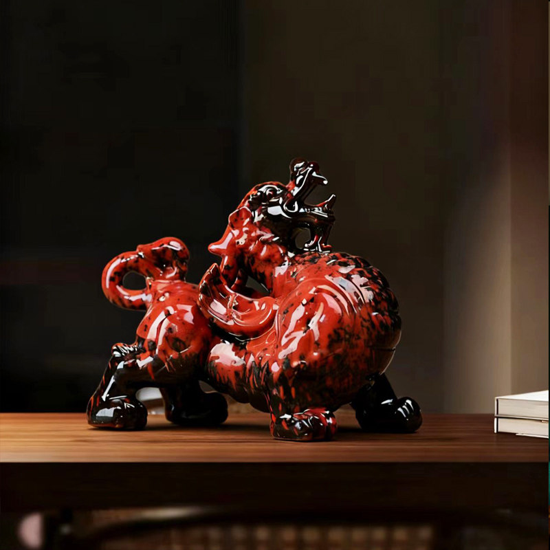 陶瓷窑变中式招财貔貅桌面摆件客厅玄关办公室茶桌茶式家居装饰