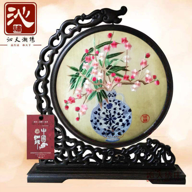 湘绣双面绣摆件青花瓷瓶梅花桃花插花手工刺绣恩师礼物特产专柜邮