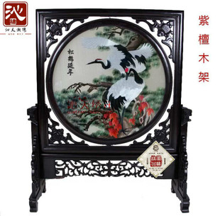 长沙老沙坪湘绣 沁天精品双面绣紫檀木摆台松鹤延年长松祝贺寿礼