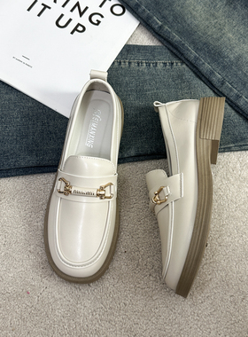 白色小皮鞋女英伦风乐福鞋一脚蹬复古单鞋配裙子休闲百搭轻便软底