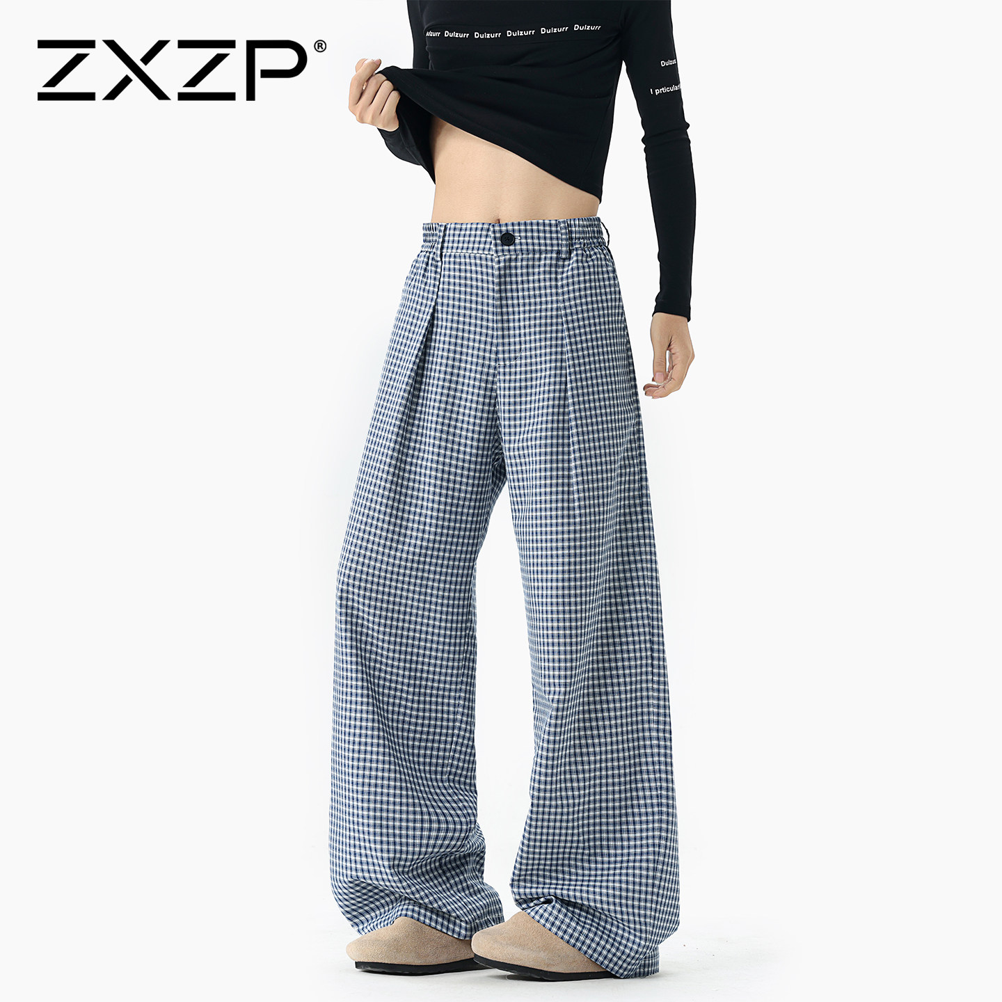 ZXZP美式格子风直筒裤男宽松中腰休闲裤潮牌长裤2026新款夏季裤子