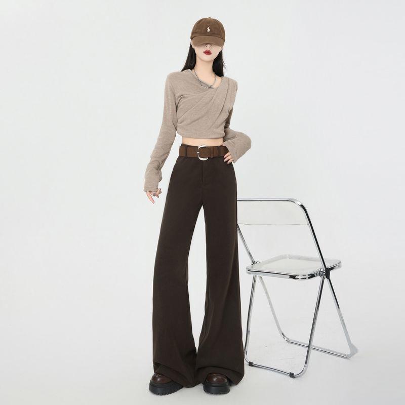 简约咖色微喇毛呢裤女秋冬