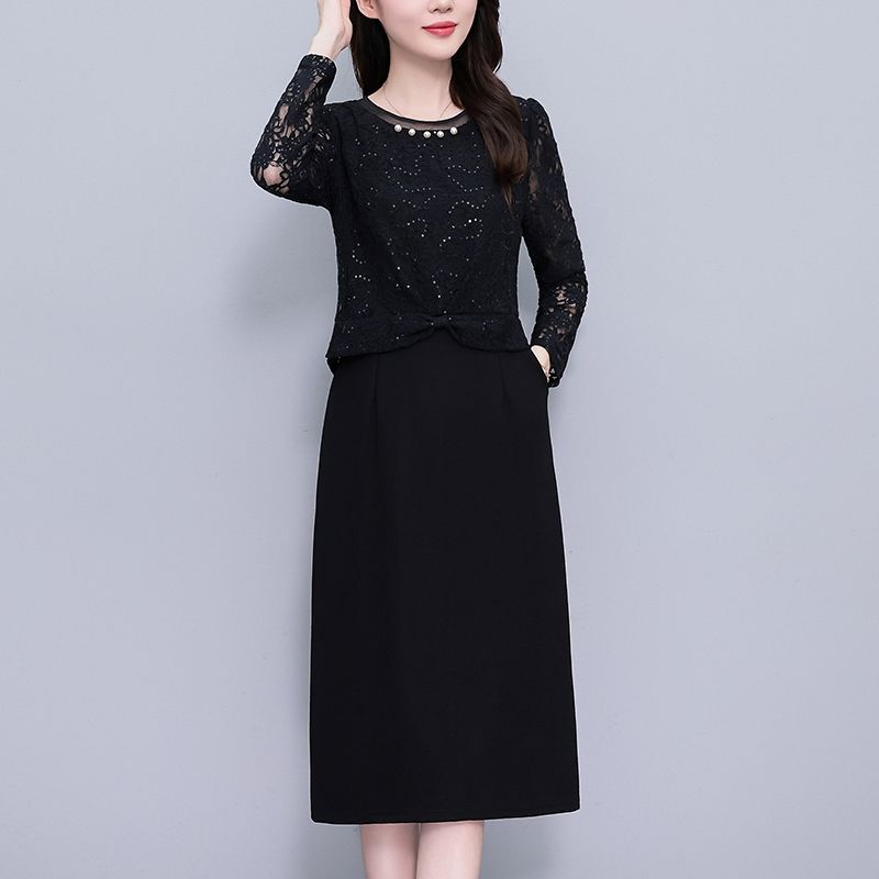 2025名媛亮片蕾丝假两件套大码女装修身显瘦黑色长袖连衣裙新款