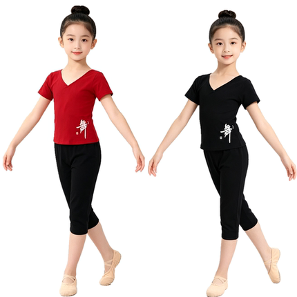 儿童舞蹈服女孩练功服拉丁夏季长短袖纯棉中国形体衣跳舞考级套装