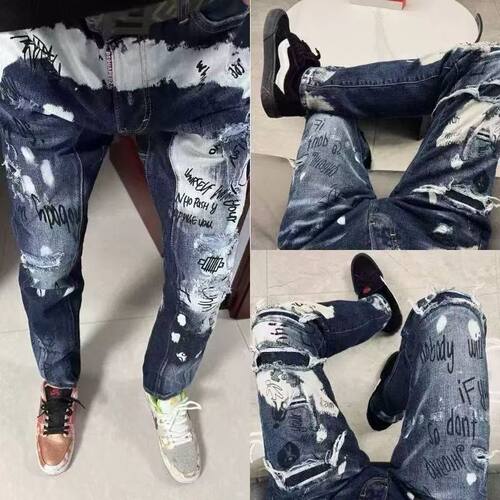 广州高版本3小人D2泼墨牛仔长裤男立体涂鸦修身破洞补丁弹力小脚