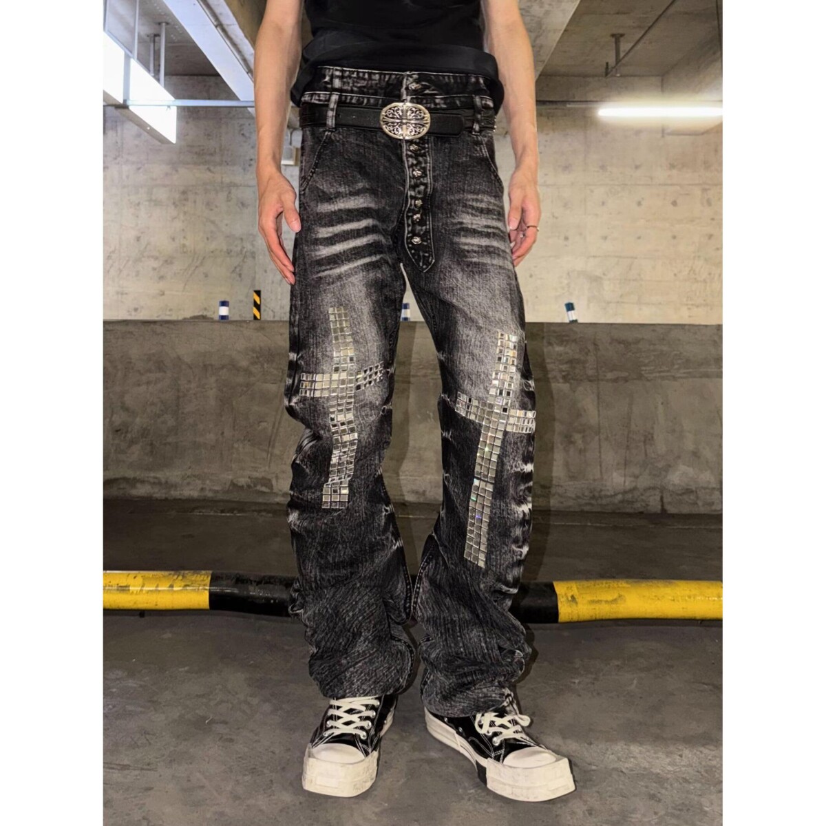 水洗复古潮牌毛边牛仔裤男朋克视觉系美式高街vibe微喇工装长裤子