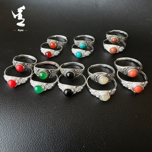 990足银手工小戒指纯银蒙古元素吉祥边玛瑙松石活口女戒蒙族银戒