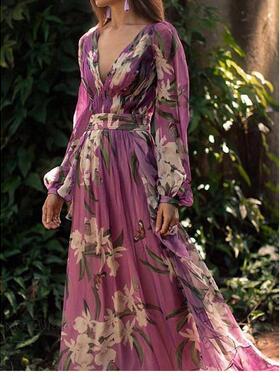 Women's dress hot V-neck long sleeve big swing skirt