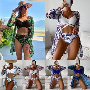 Three piece chiffon floral kimono cardigan long swimsuit