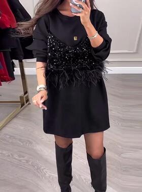 women for dress stitching sequined elegant neck round color