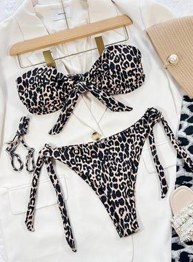Two-piece bikini fabric leopard print chest knotted