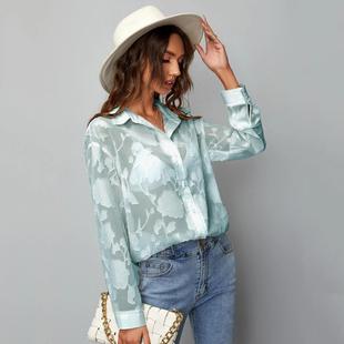 women for shirt sleeve long buttoned chiffon hollow color