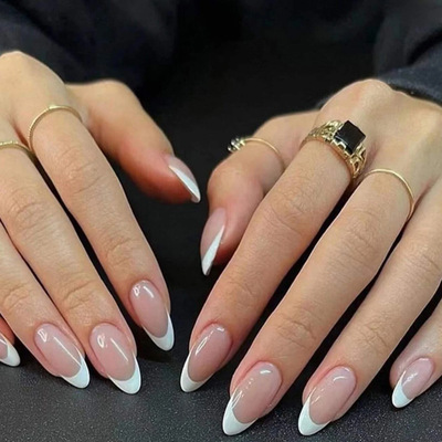 24Pcs French False Nails Almond Fake Nails with Glue Press o