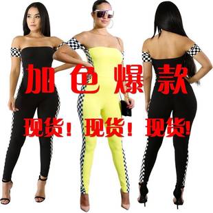 Sexy black jumpsuit and two checkered short-sleeved in