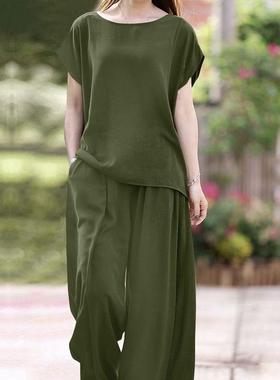 outifits summer casual pieces pants leg wide long + loose