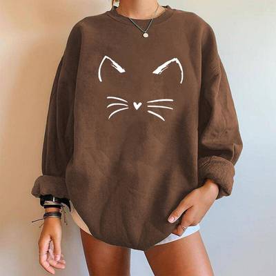 Top Fleece Sleeve Long Shoulder Drop Sweatshirt Face Cat