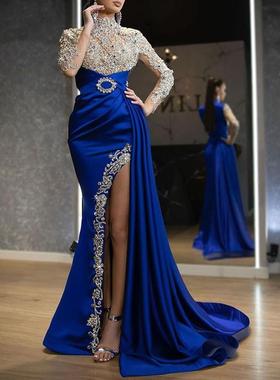 Evening dress for women blue gold sprinkled round neck