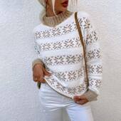 Sweater Top Knitted Turtleneck Half Snowflake Christmas