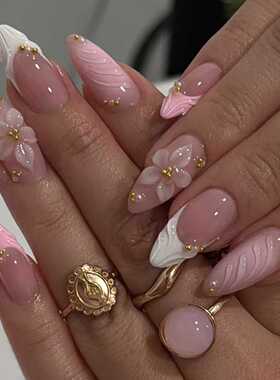 24pcs Pink Flower Almond Press on Nails Kawaii False Nails W