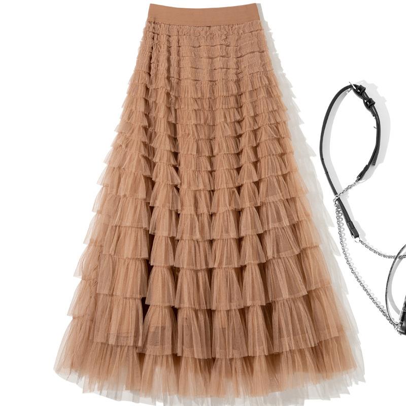 mesh long skirt waist gathered cake skirt layered Elastic