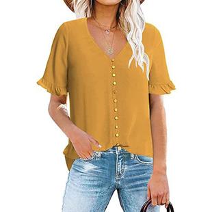 Down Neck Shirt Short Button Sleeve Ruffle Multi