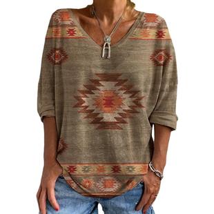neck ethnic casual pullover Womens loose long sleeved