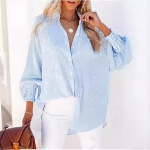 collar sleeve striped long Top bubble shirt stand loose