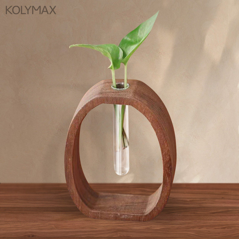 创意玻璃管水培花器胡桃木摆件简约桌面小花瓶茶桌实木禅意花插,家居饰品,花瓶,淘宝优惠券,粉丝福利购,淘宝优惠卷