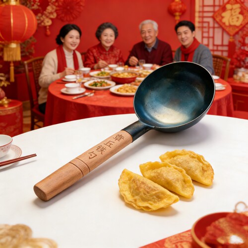 章丘传统工艺纯铁蛋饺锅无涂层木柄一体铁勺锅蛋饺勺蛋饺专用铁锅