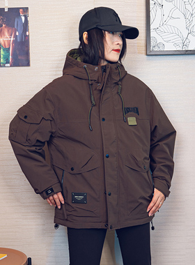 潮牌街头美拉德系夹棉冲锋式棉服男女冬装宽松刺绣工装棉外套棕色