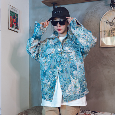 设计感油画花卉潮牌牛仔外套百搭